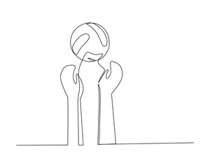 Continuous single line drawing of hands trying to block a volleyball over the net. sport training concept. volleyball competition illustration design