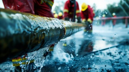 Precision and teamwork displayed as employees practice handling a large fire hose during a fire suppression drill at a refinery.