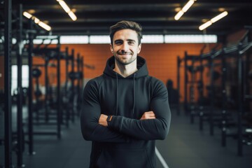 Portrait of confident male athlete in gym Smiling male athlete standing in gym. Sportsman is with arms crossed. He is wearing hooded shirt
