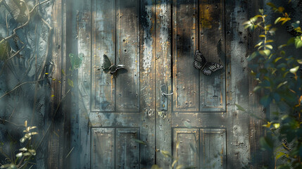 A weathered wooden door with faded butterfly carvings, embraced by the gentle embrace of morning mist, beckoning towards realms of dreamlike wonder.