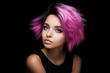 portrait of eccentric young woman with pink and purple dyed hair in front of black background