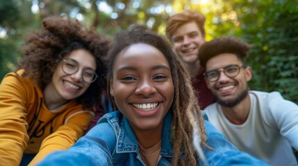 multiethnic young friends smiling and posing for a selfie while sitting outdoors in nature. Panoramic banner with selective focus and a soft background in the style of copy space. generative AI
