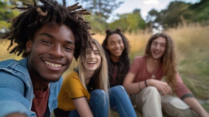 Fototapeta premium multiethnic young friends smiling and posing for a selfie while sitting outdoors in nature. Panoramic banner with selective focus and a soft background in the style of copy space. generative AI