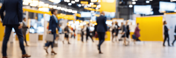 A vibrant trade show Event floor with booths, attendees with bright lighting showcasing a dynamic Business EXPO atmosphere.