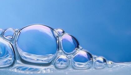 Big air bubbles, close up, blue background for pure cosmetics product