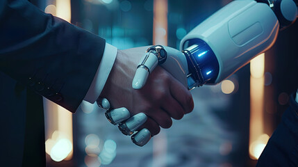 Naklejka premium Human-Robot Handshake - AI and Human interaction - IA