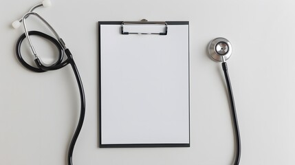 Blank medical clipboard with stethoscope on white background. Copy space.