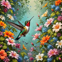 A hummingbird with multicolored wings and a red, white, and black body is flying over a field of flowers.