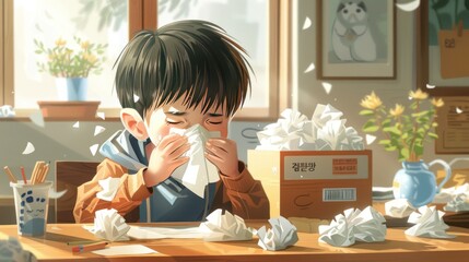 A boy is blowing his nose into a tissue.