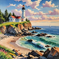 A painting of a lighthouse with a boat in the water and rocks in the foreground.