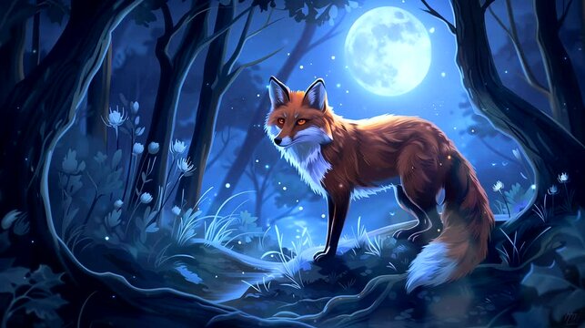 Fox in moonlit woods forest. Anime or digital painting style, looping 4k video animation background
