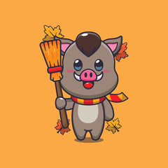 Cute autumn boar holding broom
