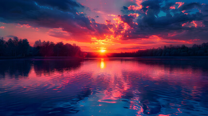 Fototapeta na wymiar Enchanting Sunset Over Serene Lake Surrounded by Silhouetted Trees