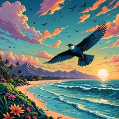 Painting of a bird flying over a beach with a sunset in the background.