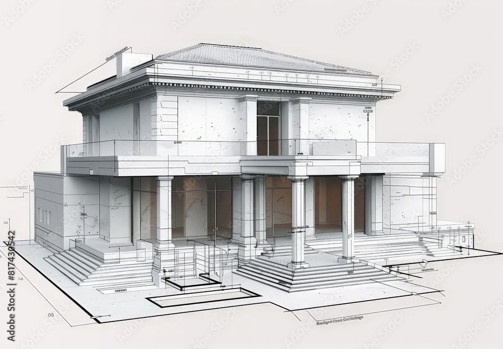 Poster Wireframe rendering of a contemporary house with technical details