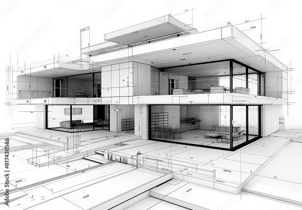 Poster Wireframe rendering of a contemporary house with technical details