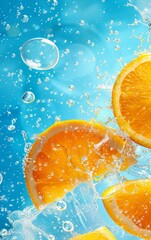 Refreshing image with orange slices floating in a sparking blue background