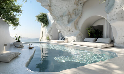 Surreal landscape and interior with lounge and water pool3d rendering of modern house by the sea with swimming pool.