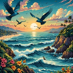 A painting of Bird flying over beach with sunset in background.
