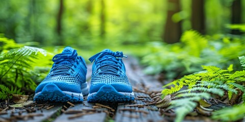 A pair of blue running shoes placed on a wooden path surrounded by trees in a forest setting - Powered by Adobe