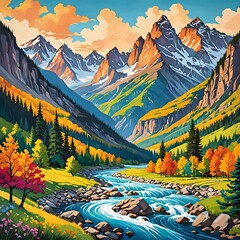 Mountain river painting with a background mountain range.