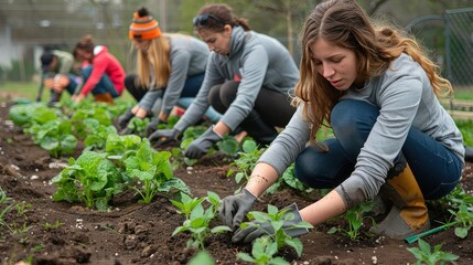 Volunteers planting a community garden together
