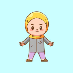 Cute happy muslim girl kawaii chibi character mascot illustration outline style design