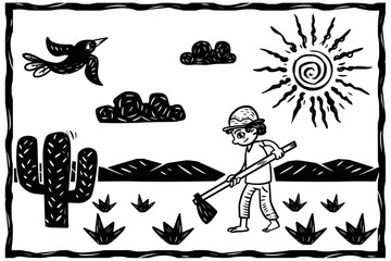 Country man plowing the land in the backlands. Woodcut style.