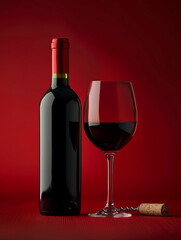 Photo of red , dark wine glass with wine bottle on the table