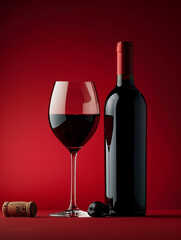 Photo of red , dark wine glass with wine bottle on the table