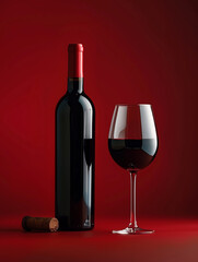 Photo of red , dark wine glass with wine bottle on the table