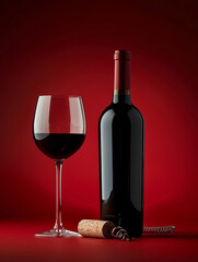 Photo of red , dark wine glass with wine bottle on the table