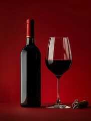 Photo of red , dark wine glass with wine bottle on the table