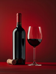 Photo of red , dark wine glass with wine bottle on the table