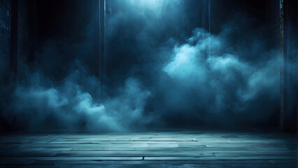 Fototapeta premium Dark Blue Abstract Night Background with Dramatic Smoke and Spotlight Effects