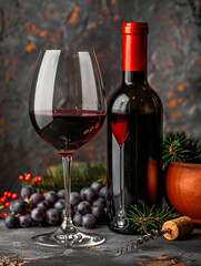 Photo of red , dark wine glass with wine bottle on the table