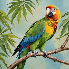 Painting of a colorful parrot perched on a branch with flowers.
