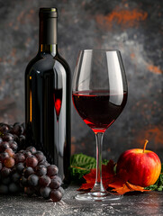 Obraz premium Photo of red , dark wine glass with wine bottle on the table