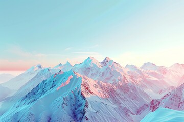 Illustrate a breathtaking wide-angle view of a serene mountain range at sunrise, showcasing a seamless gradient of cool tones from snow-capped peaks to clear blue skies, reminiscent of a watercolor pa