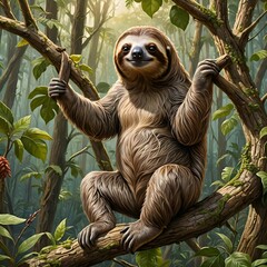 A sloth sitting on a tree branch in a jungle environment.