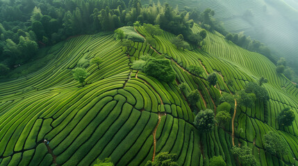Fototapeta premium tea plantation, beautiful green landscape wallpaper 