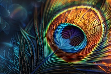 Obraz premium Illustrate a majestic peacock feather up close, showcasing its vibrant hues and unique patterns in high-definition detail Use digital techniques to create a stunning, almost tangible representation of