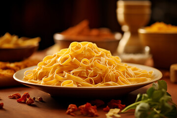 Unprocessed Italian tagliatelle pasta is on the plate, waiting to be cooked into a delicious meal.