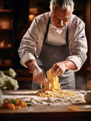 The chef is preparing fresh traditional Italian pasta in a close-up shot