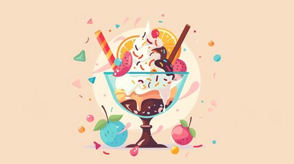 Scene of an ice cream sundae with toppings flat design side view summer dessert theme cartoon drawing vivid