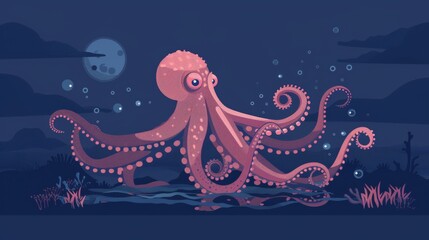 Scene of an octopus in deep sea flat design side view marine intelligence theme animation Complementary Color Scheme