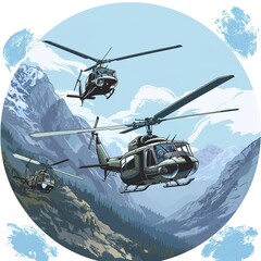 Three military helicopters flying in the blue sky while patrolling in the mountain, Sticker, Adorable, Secondary Color, Artstation, Contour, Vector, White Background, Detailed