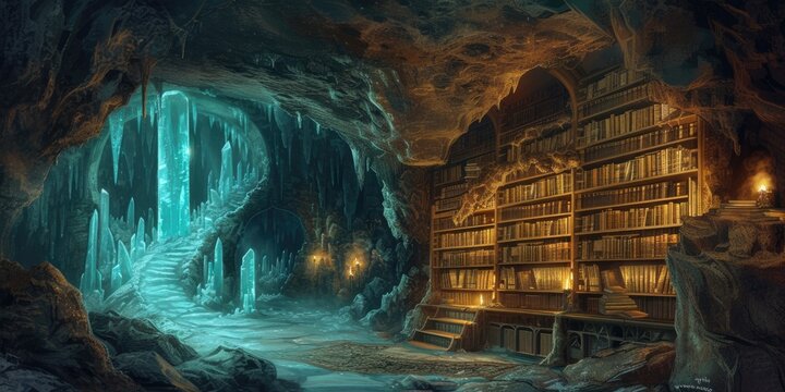 An ancient library filled with magical books, glowing orbs, and mystical artifacts. Shelves reach up to a high, vaulted ceiling, with soft light filtering through stained glass windows. Resplendent.