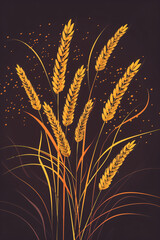 Yellow wheat ears on dark brown background. Autumn or summer field with golden barley harvest. Happy  Shavuot concept. Jewish holiday. Banner, poster or greeting card with copy space