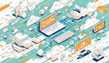 Fototapeta premium Isometric illustration of cloud computing, with icons representing computers and the internet connected to an abstract representation of a cloud or bag of data.